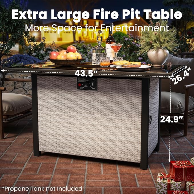Propane Outdoor Fire Pit Table, 43" Rattan Rectangle Fire Pit Table, Outdoor Gas FirePit W/Glass Wind Guard, Tempered Glass Tabletop, Lid, CSA Listed, 60,000 BTU for Outside Patio Deck & Garden