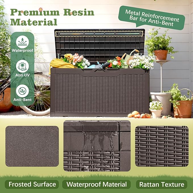 Flamaker Outdoor Storage Box 100 Gallon Waterproof Resin Deck Box Delivery with Air Rod Indoor Outdoor Lockable Storage Bench for Patio Cushions, Tools, Pool Accessories (Deep Brown)