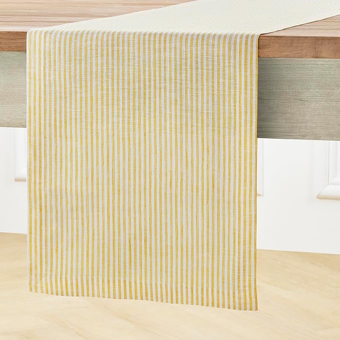 Solino Home Linen Striped Table Runner 60 Inches - Narrow Stripe, 100% Pure Linen Spicy Mustard and White Small Table Runner 14 x 60 Inch Ideal for Dresser and Coffee Tables, Spring, Easter