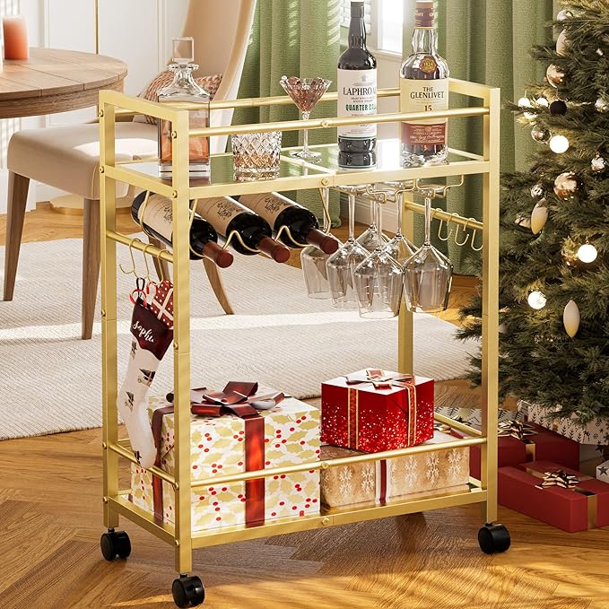 Bar Cart, Serving Cart for Home, Microwave Cart, Drink Cart, Wine Cart with 2 Mirrored Shelves, Wine Holders, Glass Holders, for Kitchen, Dining Room(Gold)
