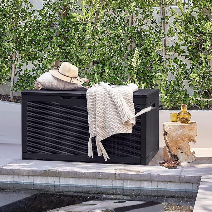Devoko 97 Gallon Deck Box, Waterproof Resin Outdoor Storage Box for Outside and Patio, Large Outdoor Storage Bench Cabinet Lockable for Patio Furniture, Garden Tools and Pool Supplies (Black)
