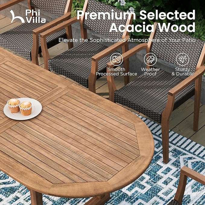 PHI VILLA 7 Pieces Acacia Wood Outdoor Dining Set for 6, Expandable Teak Wooden Table & Chairs, Large Farmhouse Furniture Set for Patio, Deck, Yard, Porch