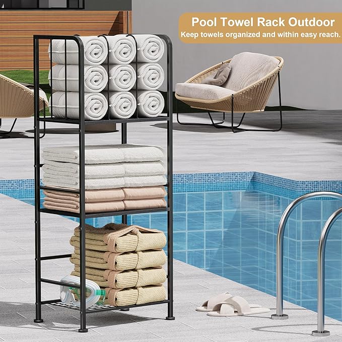 Towel Rack Free Standing 3-Tier M-Shaped Detachable Dividers, Durable Metal Holder, Pool Towel Rack, Space-Saving Towel Storage Organizer, Modern Bath Towel Shelf for Home, Poolside, Black