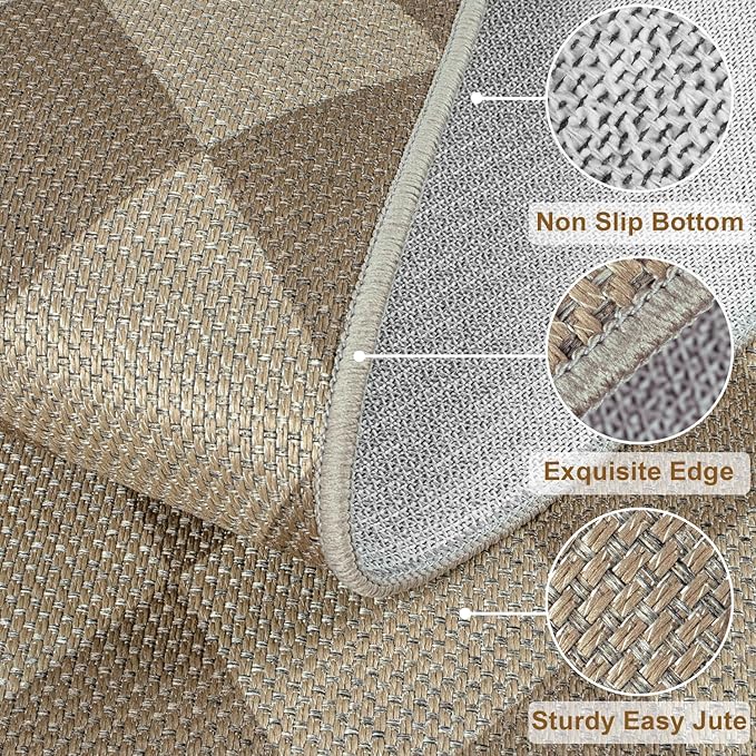 Easy Jute Checkered Area Rug, 3x5 Indoor Outdoor Entryway Rug Washable Brown Modern Diamond Kitchen Rugs, Non-Slip Neutral Farmhouse Throw Carpet for Living Room Patio Kids Room