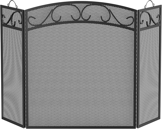 Fire Beauty Fireplace Screen 3 Panel with Handles Wrought Iron 51"(L) x31(H) Spark Guard Cover(Sanded Black)