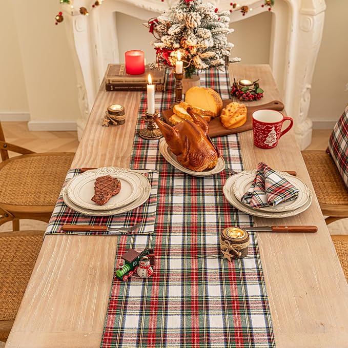 Red White Plaid Christmas Table Runner, Winter Holiday Table Runners 48 inches Long, Xmas Decorations Indoor Outdoor Farmhouse Home Kitchen Dining Party Decor
