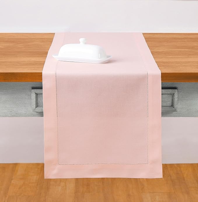 Solino Home Cotton Linen Pink Table Runner 120 Inches Long - Hemstitch 14 x 120 Inch Table Runner for Valentines, Spring, Easter