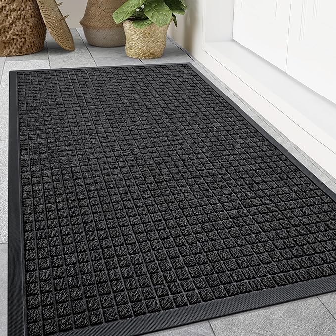 Smiry Front Door Mat Outside Entrance, Heavy Duty Natural Rubber Doormat, Non Slip, Trap Dirt and Moisture, Easy Clean, Low Profile Welcome Floor Mats for Indoor Outdoor Entry, 59x34 Inch, Black