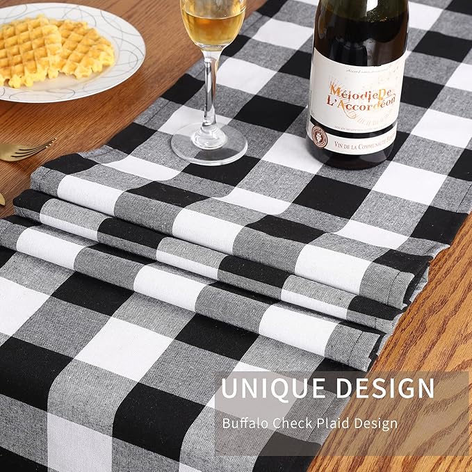 Tosewever Buffalo Check Plaid Table Runner, Cotton Polyester Blend Classic Family Dinner Table Runners for Indoor Outdoor Parties, Christmas Events Home Decoration (Black and White, 14 x 72 Inch)
