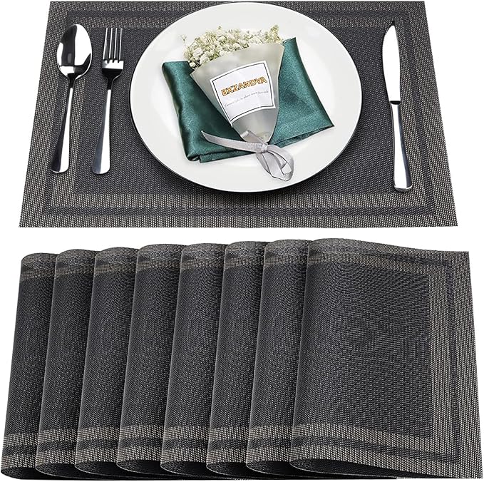 Placemats Set of 8,Washable,Heat and Stain Resistant Indoor/Outdoor Place mats,Vinyl Woven Non Slip Table Mats for Restaurant Table Protection,PVC Placemats(Black Gold 8PCS)