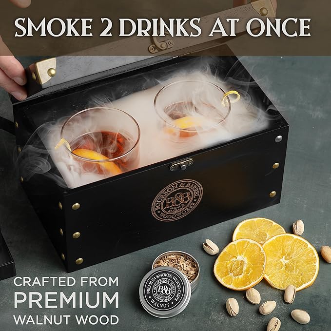 BOURBON&BARREL Cocktail Smoker Kit | Crafted with Walnut Wood | Whiskey Smoker Kit with Instant Smoker, Smoking Box, Food Tray and 4 Varieties of Wood Chips | Old Fashioned Drink Smoker Kit [Black]