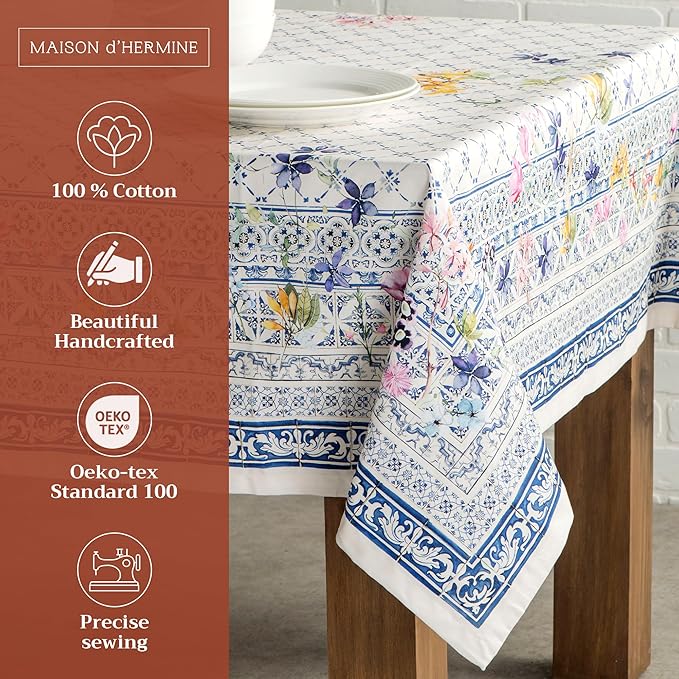 Maison d' Hermine Table Cloth Rectangle Table 100% Cotton 70 x 120 Inches Tablecloth Reusable Decorative Everyday Use for Dining Room, Farmhouse, Home, Party, Festive & Wedding Spring Summer - Faience