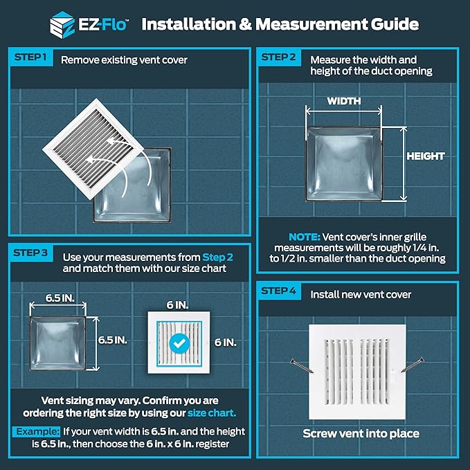 EZ-FLO 6 x 6 Inch (Duct Opening) Air Vent Cover for Wall or Ceiling, Two-Way Ventilation Register, Solid Steel HVAC Register Cover, White, 61660