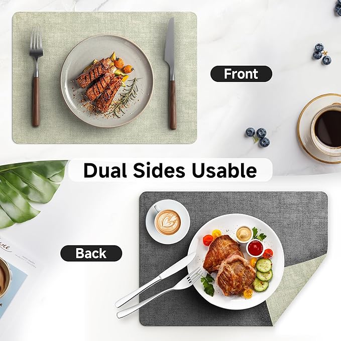 Faux Leather Vinyl Placemats Set of 4 Wipeable Heat Resistant Place Mats 100% Washable - Waterproof - Anti Slip Reversible Table Mats for Kitchen/Dining/Party, 12" x 16.5", Grass Green & Black