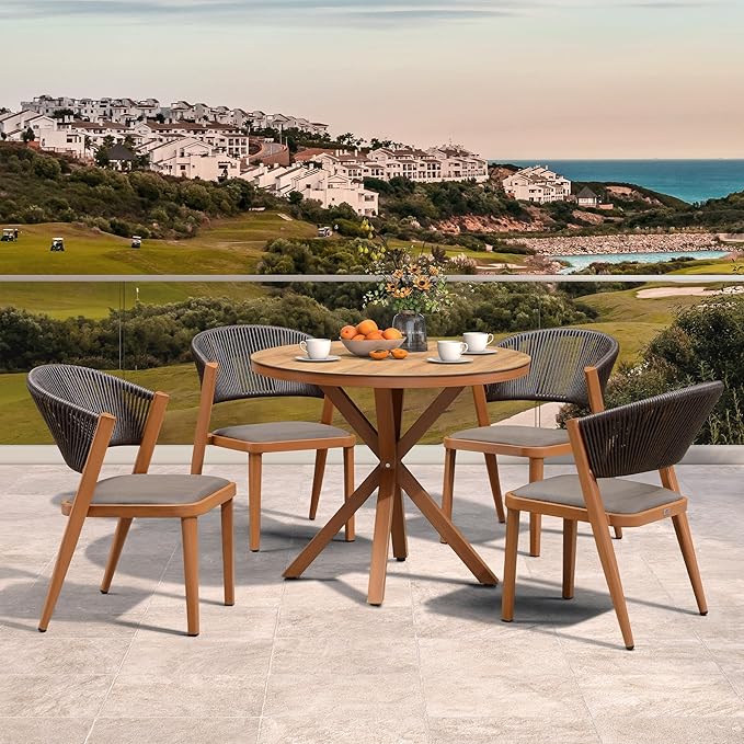 PURPLE LEAF 5 Pieces Outdoor Round Dining Set Patio Table and Chairs for 4 Aluminum Rattan Wicker Patio Dining Set for Lawn Garden Porch Brown