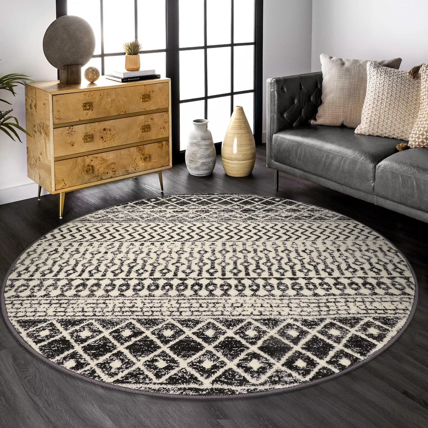 Boho Round Rug 5ft, Soft Non-Slip Distressed Circle Kitchen Mat Dining Room Rug, Washable Retro Living Room Area Rug Throw Carpet for Bedroom Kids Room Entryway