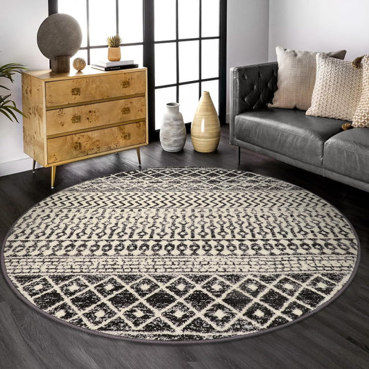 Boho Round Rug 5ft, Soft Non-Slip Distressed Circle Kitchen Mat Dining Room Rug, Washable Retro Living Room Area Rug Throw Carpet for Bedroom Kids Room Entryway