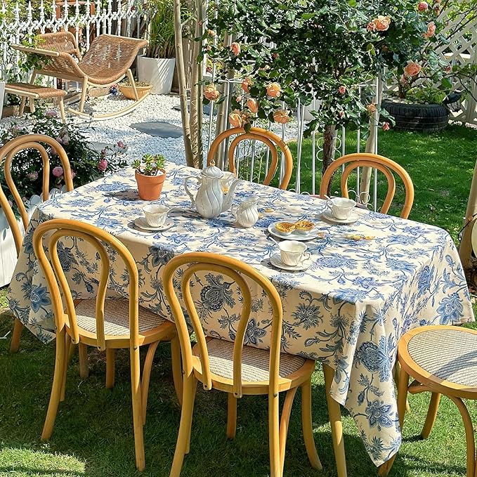 Outdoor Rectangular Tablecloth 60 x 84 Inch, Blue Floral Waterproof Table Cloth, Thick Fabric Dining Table Cover for Outdoor, Easter, Picnic, Farmhouse, Wedding, Spring Summer - Blue Flower