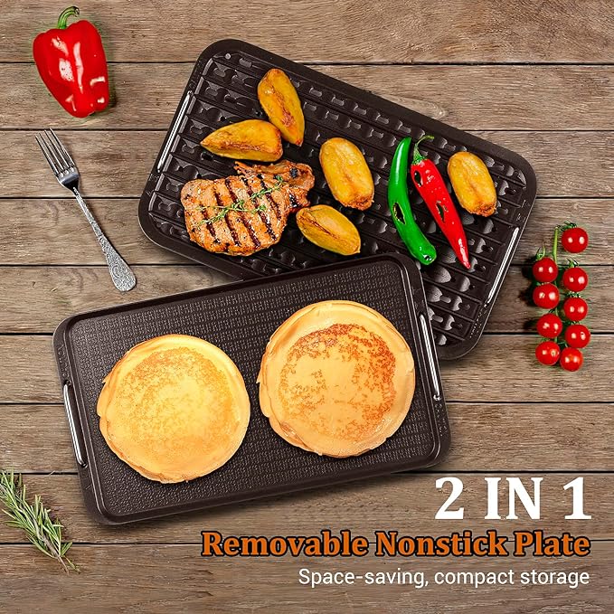 Indoor Smokeless Grill, Techwood 1500W Electric Indoor Grill with Tempered Glass Lid, Portable Non-stick BBQ Korean, Turbo Smoke Extractor Technology, Drip Tray& Double Removable Plate, Black