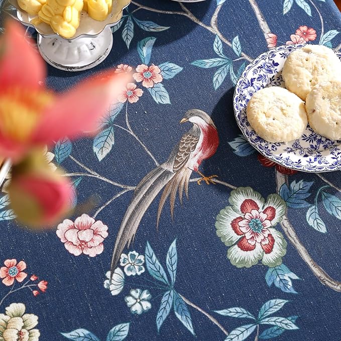 patdrea Designer Vintage Dark Blue Linen Round Tablecloth,Navy French Floral and Birds Pattern Table Cloth,Decoration Table Cover for Kitchen,Dining,Tea Party,Home,Christmas,Diameter 55"