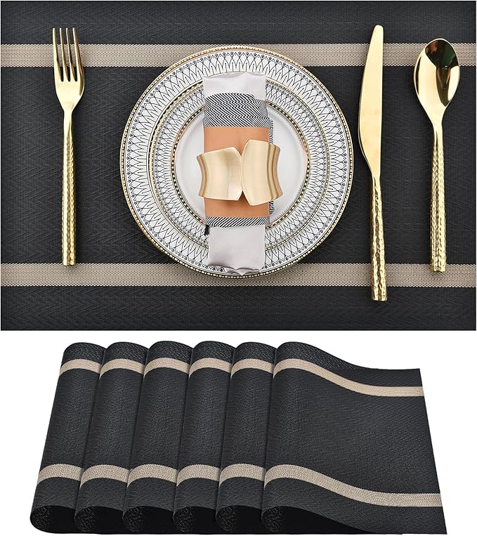 SLKQG Black Placemats Set of 6 - Easy Clean Modern Durable Washable Vinyl Place Mats - Heat Resistant Placemats for Kitchen Table - PVC Table Mats for Dining Table (Black with Stripes, 6)