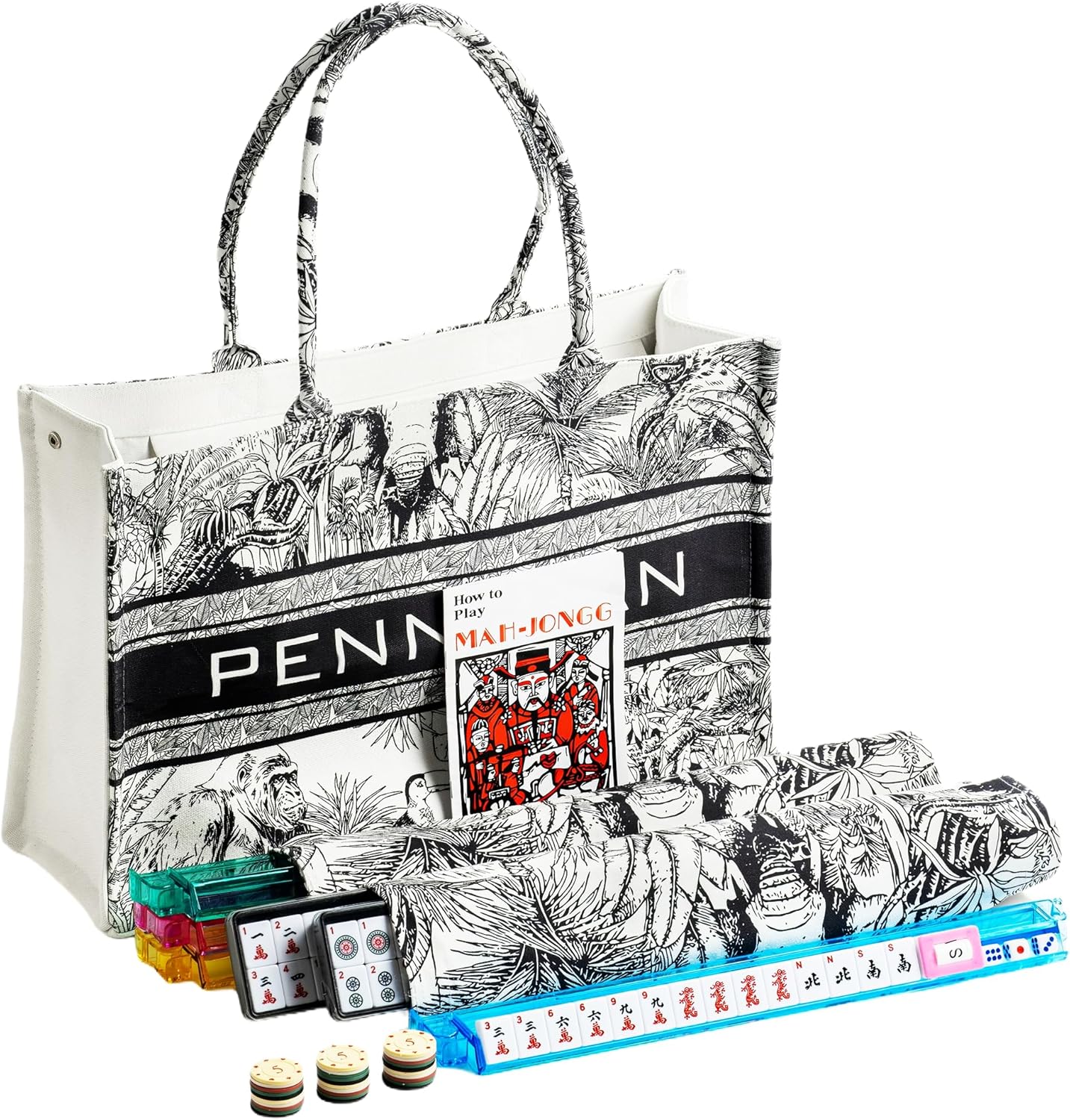 American Mahjong Tile Set,166 Premium White Tiles, 4 All-in-One Color Racks With Pushers, Mahjong Game Set With Large Capacity，Durable，Eco-Friendly Canvas Bag (Mah jongg Set，Mahjong Set Complete)