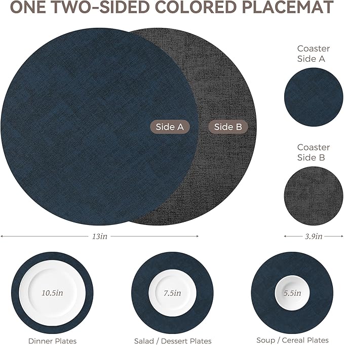 13" Round Placemats Set of 4, NCUE Dual-Sided Faux Leather Heat Resistant Table Mats, Waterproof Oilproof Washable Protective Table Placemats with Coaster, Wipeable Vinyl for Indoor & Outdoor Use
