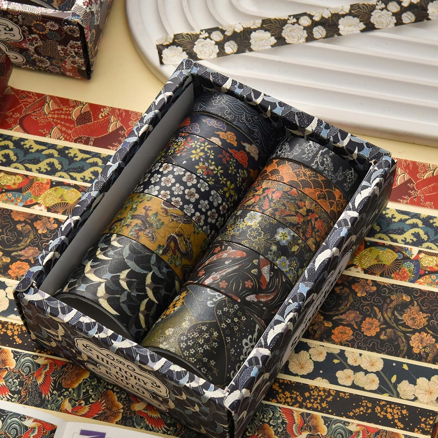 12 Rolls Kyoto Charm Washi Tape Set Japanese Arts Adhesive Tapes Geometric Garden Decorative Masking Tape Sets for Craft, Kids, Scrapbook, DIY, Gift Wrapping (Cerulean Showa)