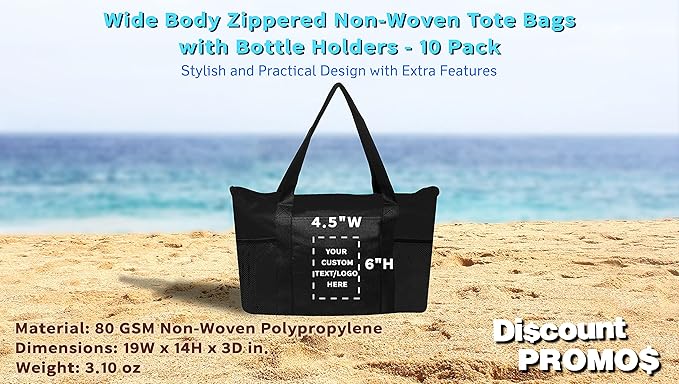 DISCOUNT PROMOS 10 Zippered Non-Woven Tote Bags Set - Customizable Text, Logo - Mesh Pocket, Zippered, Recyclable, Reusable - Black - 19"X14"X3", with Zipper