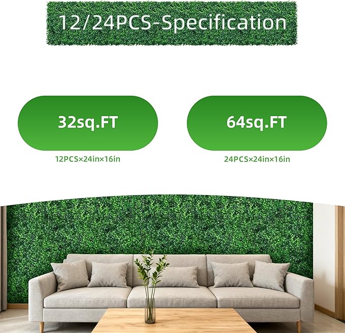 24x16 Inch Artificial Boxwood Panels (24-Pack) - UV Protected Faux Grass Wall Mats for Outdoor Fence Cover, Garden Privacy Screen, Indoor Wall Decor, and Wedding Backdrops