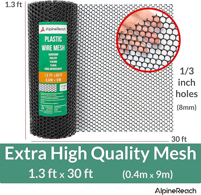 AlpineReach Plastic Wire Mesh 1.3ft x 30ft (15.7" x 360") Fence Roll with Zip Ties - Ideal for Poultry, Dogs, Rabbit Barrier & Gardening, Durable Chicken Mesh, Versatile Rigid Fencing & Netting, Black