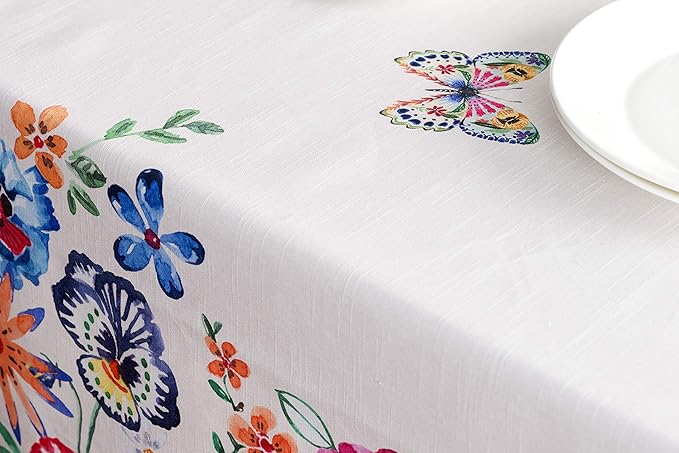 Maison d' Hermine Table Cloth Rectangle Table 100% Cotton 60 x 90 Inches Tablecloth Reusable for Dining Room, Farmhouse, Home, Party, Festive & Wedding Spring Summer - Happy Florals - High Summer