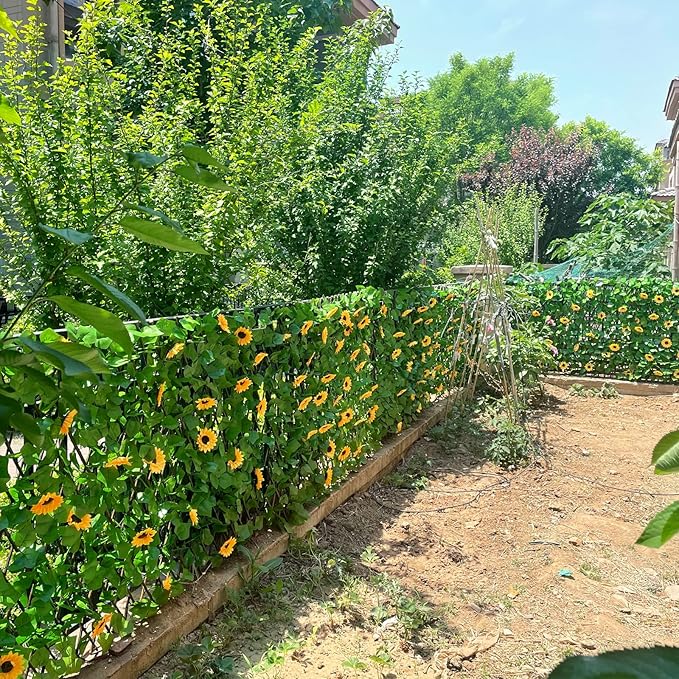 Expandable Fence Privacy Screen for Balcony Patio Outdoor,Decorative Faux Ivy Fencing Panel,Artificial Hedges (Single Sided Leaves) (2, Sunflowers)