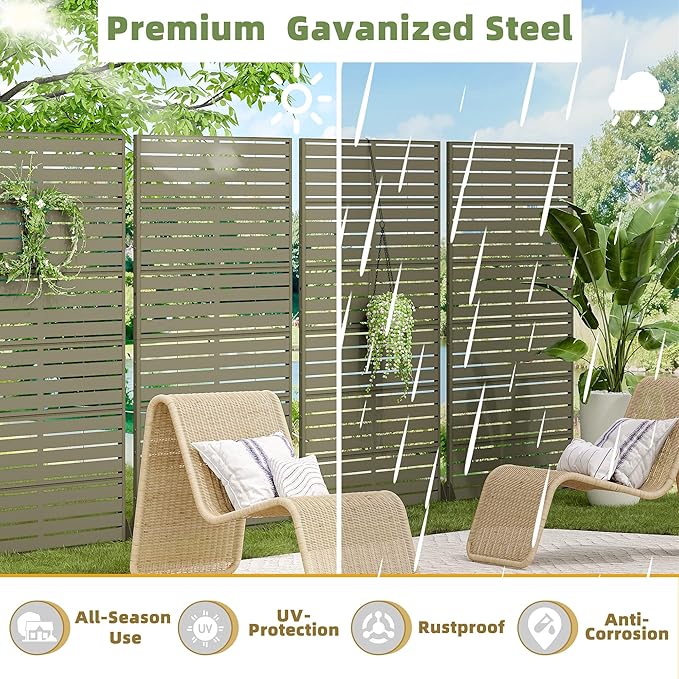 Casaphoria Metal Privacy Screen Outdoor, 72" H x 47" W Freestanding Decorative Privacy Screen for Patio Deck Balcony Garden with Stable Base, Green-Louvered