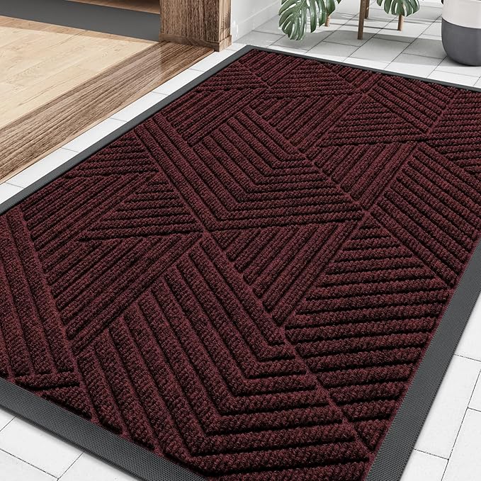 Smiry Front Door Mat Outside Entrance, Heavy Duty Sturdy Natural Rubber Doormat, Trap Dirt and Moisture, Easy Clean Low Profile Mats for Indoor Outdoor Entry, Irregular Triangle (36x24, Dark Red)