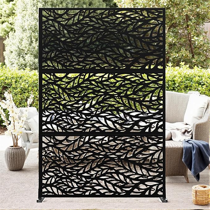 GarveeLife Metal Privacy Screen 72" h x 47" w, Outdoor Privacy Screens and Panels, Freestanding Decorative Fence for Patio Lawn Garden Deck Balcony, 3-Panel with Stand for Outdoor & Indoor Use