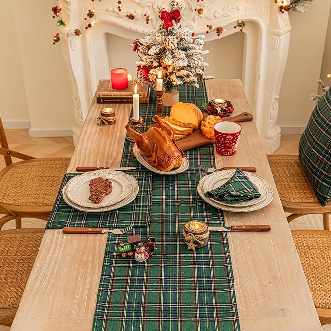 Green Blue Plaid Christmas Table Runner, Winter Holiday Table Runners 72 inches Long Xmas Decorations Indoor Outdoor Farmhouse Home Kitchen Dining Party Decor