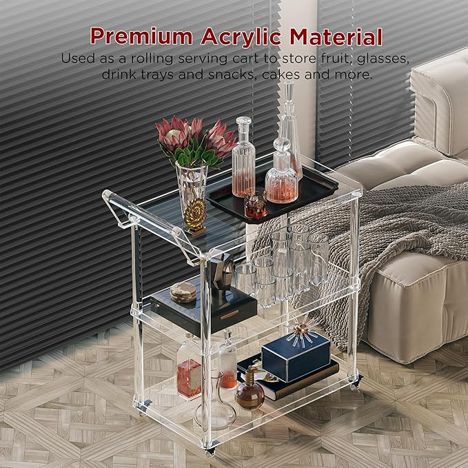 Dethan Acrylic Bar Cart with Lockable Wheels, Rolling Serving Cart with Pulling Handle, 3-Tier Clear for Home Bar, Kitchen, Living Room, Portable Beverage Space-Saving Modern Acrylic Trolley