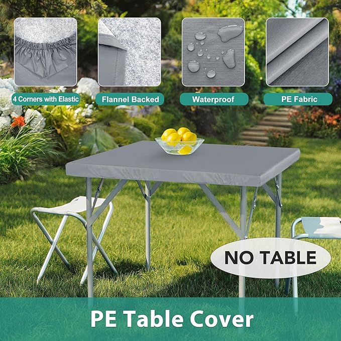 LUSHVIDA 2 Packs Vinyl Card Tablecloth with Flannel Backing 34x34 inch - Waterproof Plastic Picnic Table Cover for Square Folding Table Cloth with Elastic Corners, Light Gray