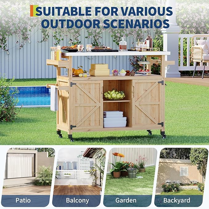 Garvee Outdoor Grill Cart with Storage, Outdoor Bar Cart Rolling BBQ Movable Pizza Oven Table Stand, Kitchen Island Carts with Stainless Steel Top, Spice Rack, Towel Rack & Storage Cabinet, Natural