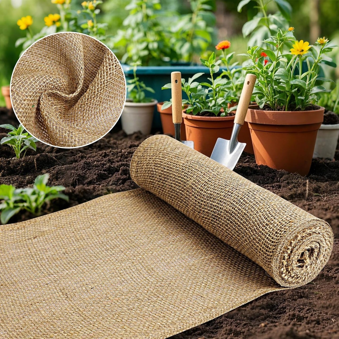 Burlap Fabric - Garden Burlap Fabric Roll Natural Jute Outdoor Fabric Burlap Weed Barrier Trees Trunk Wrap for Crafts Farmhouse Gardening Table Decor for Crafts (19.7" x 5 Feet)