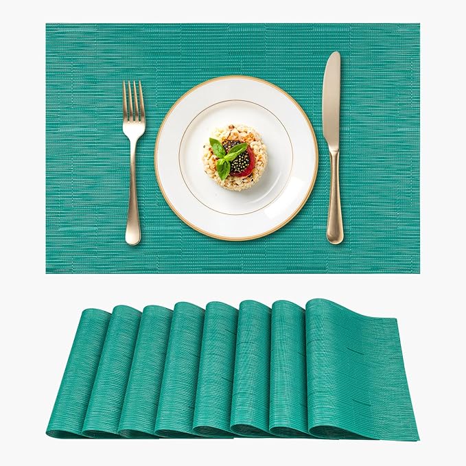 Woven Vinyl Placemats Set of 8 Wipe Clean PVC Heat Resistant Place Mats Durable Waterproof Stain Resistant Indoor Outdoor Table Mats(Turquoise)