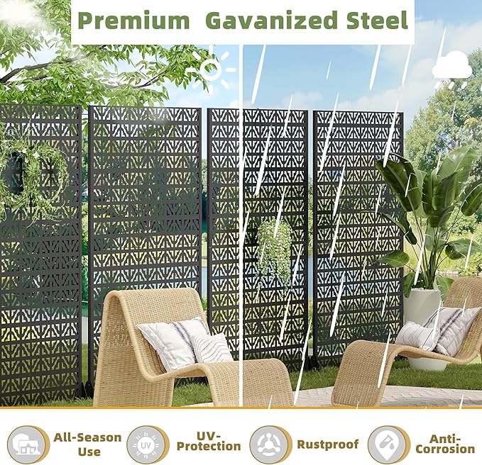 Casaphoria Metal Privacy Screen Outdoor, 72" H x 47" W Freestanding Decorative Privacy Screen for Patio Deck Balcony Garden with Stable Base, Black Charles