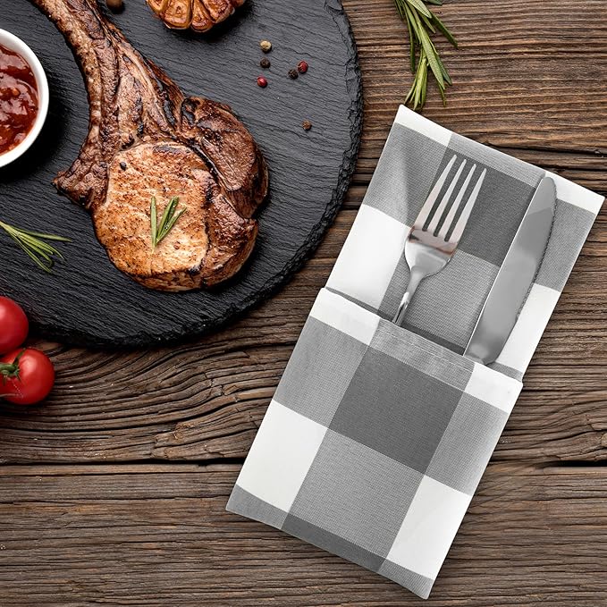 Buffalo Plaid Table Napkins Set of 50 Checkered Cloth Napkins 17x17 inch Washable Dinner Gingham Pattern Napkins Soft Napkins for Wedding Party Dining Banquet(Gray and White)