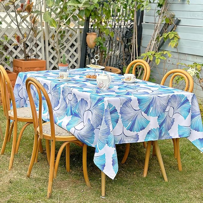 Outdoor Rectangle Tablecloth 60 x 84 Inch, Waterproof Table Cloth, Ginkgo Leaf Printed Pattern Table Cover for Dining, Farmhouse, Party, Easter, Spring Summer, Blue Floral