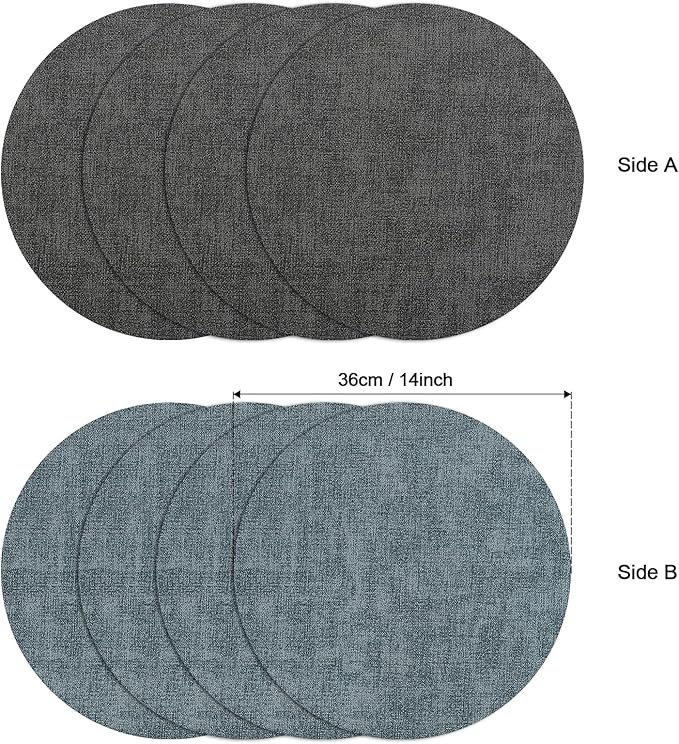 Myir JUN Round Placemats, Dual Sided Faux Leather Place Mats Set of 4 Indoor/Outdoor Non-Slip Washable Table Mats (Gray Light Blue, Set of 4)