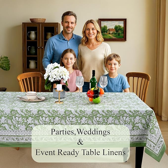 CPC Tablecloth 100% Cotton 72x160 Inch Indian Block Print Rectangle Table Cover, Blue Table Cloth for Weddings, Spring/Summer, Barbeque - Olive Green