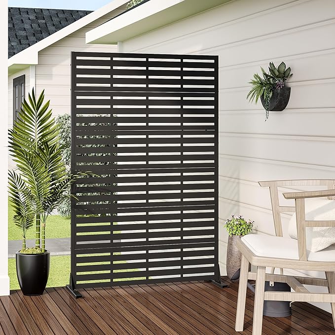 Casaphoria Metal Privacy Screen Outdoor, 72" H x 47" W Freestanding Decorative Privacy Screen for Patio Deck Balcony Garden with Stable Base, Black Adrian