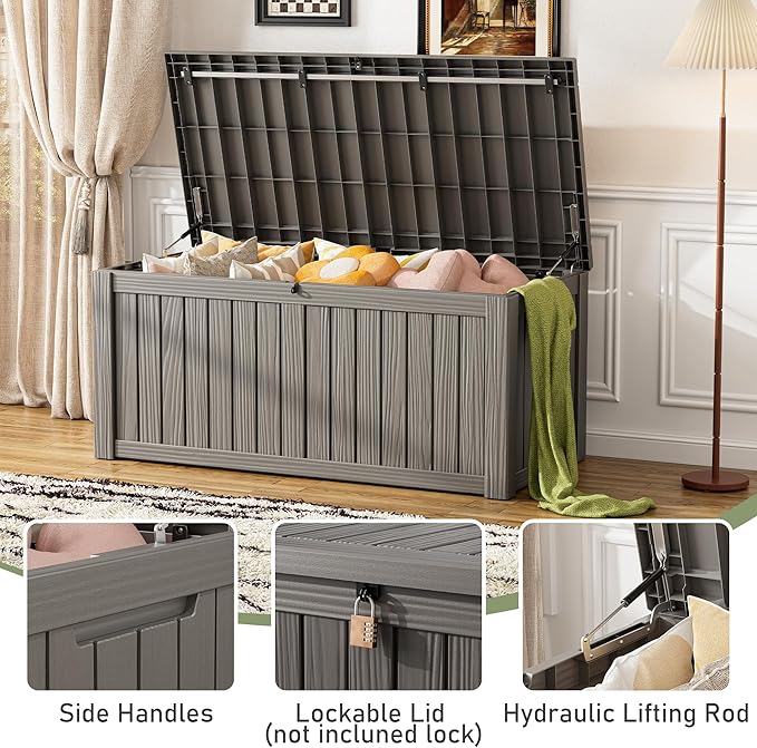Outdoor Storage Box, 120 Gallon Deck Box, Resin Waterproof Outside Storage Bench, Outdoor Storage Cabinet With Lockable Lid, Backyard Deck Box For Garden Tools, Patio Cushions, Pool Accessories