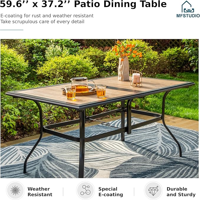 MFSTUDIO Outdoor Patio Dining Table for 6, Rectangular Furniture Table with Metal Frame and Immitation Wood Top, Outdoor Deck Backyard Garden Table with Umbrella Hole